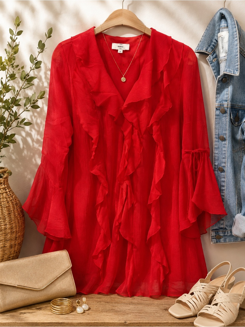 NWT entro Red Ruffle V-Neck Bell Sleeve Dress  Sz S M L